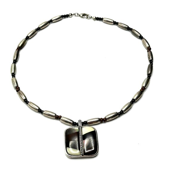Vintage Jack Woolsey Silver Inlay Pendant Necklace—MOP, Onyx, Jasper, Bone—EUC - Picture 2 of 11